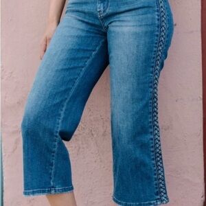 Judy Blue Mid-Wash Wide Legged Cropped Jeans with Side Braiding detail